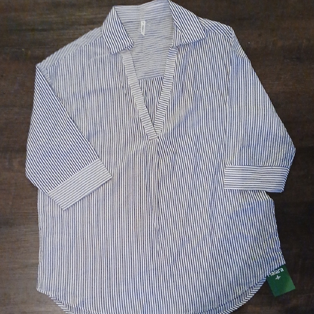 HALARA Blue and White Striped Button Down Shirt